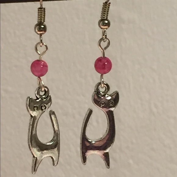 LBM Jewelry - 4/$25 ~Silver kitty earrings with pink fossil bead